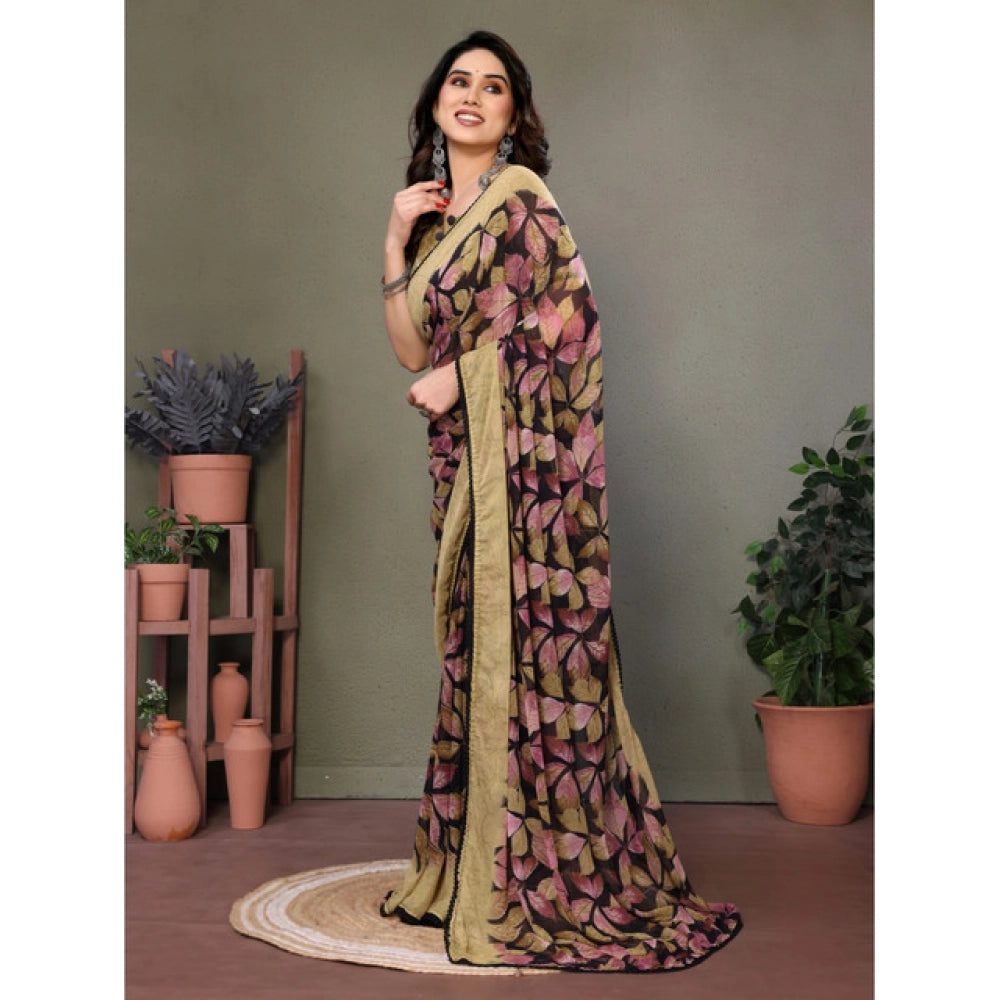 Women's Chiffon Printed Saree With Unstitched Blouse 5.5 Mtr (Beige)