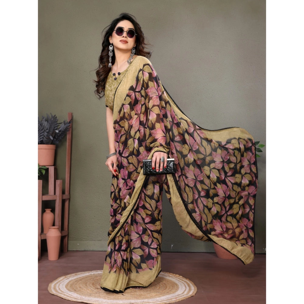 Women's Chiffon Printed Saree With Unstitched Blouse 5.5 Mtr (Beige)