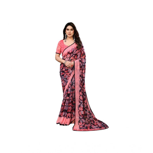 Women's Chiffon Printed Saree With Unstitched Blouse 5.5m (Pink)