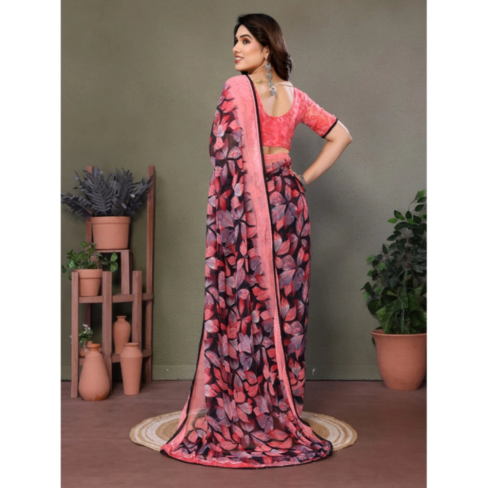 Women's Chiffon Printed Saree With Unstitched Blouse 5.5 Mtr (Pink)