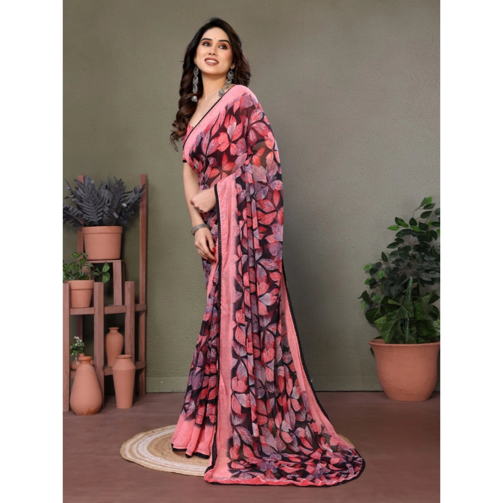 Women's Chiffon Printed Saree With Unstitched Blouse 5.5 Mtr (Pink)