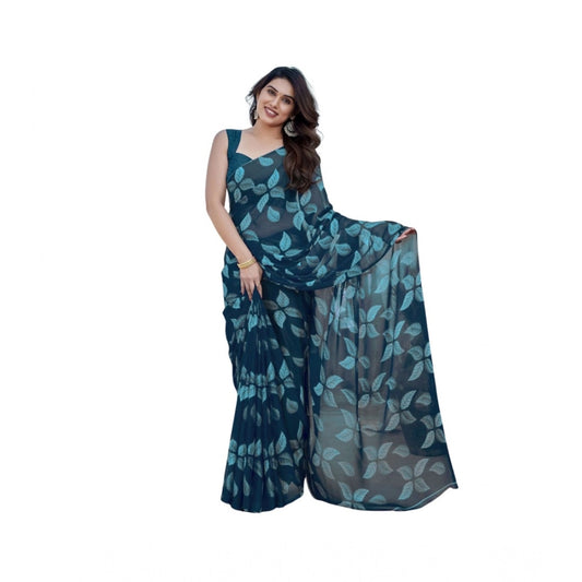 Women's Chiffon Printed Saree With Unstitched Blouse 5.5m (Blue)