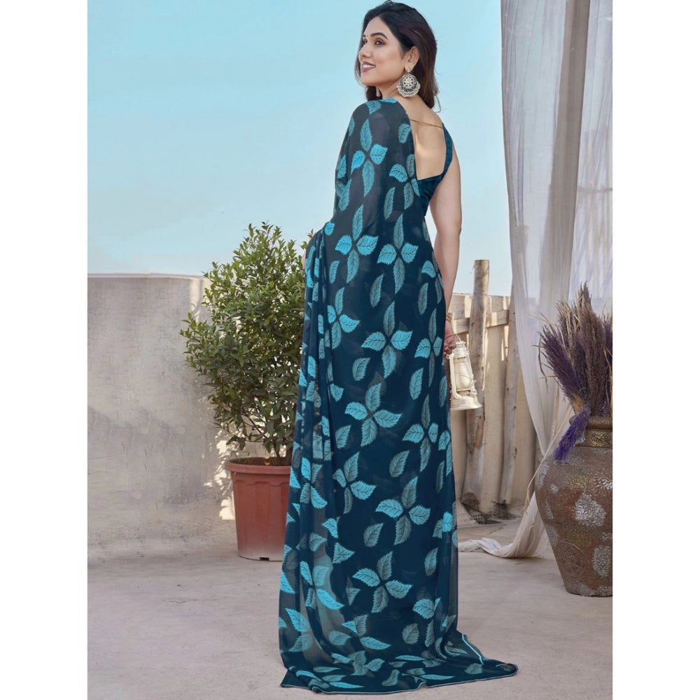 Women's Chiffon Printed Saree With Unstitched Blouse 5.5 Mtr (Blue)