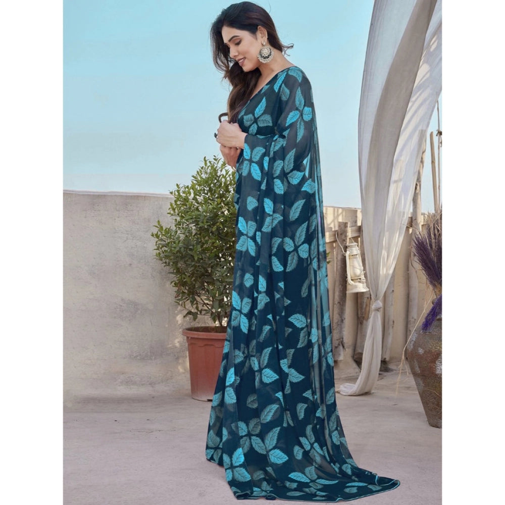 Women's Chiffon Printed Saree With Unstitched Blouse 5.5 Mtr (Blue)