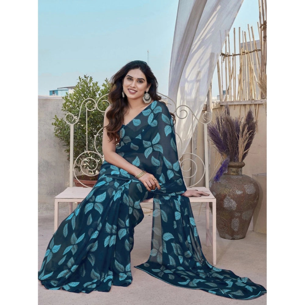 Women's Chiffon Printed Saree With Unstitched Blouse 5.5 Mtr (Blue)
