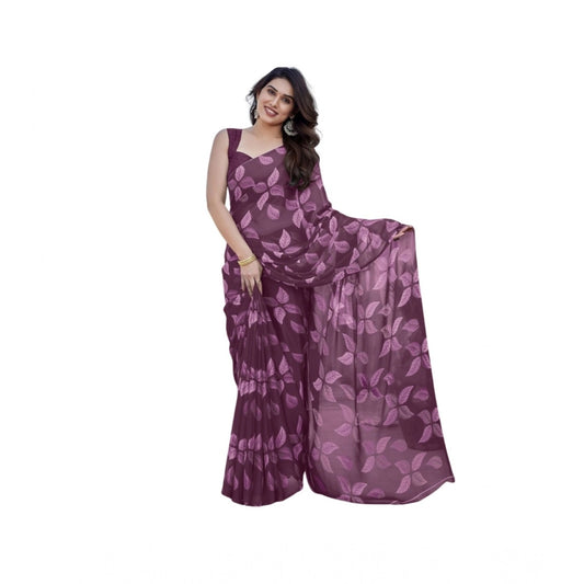 Women's Chiffon Printed Saree With Unstitched Blouse 5.5m (Purple)