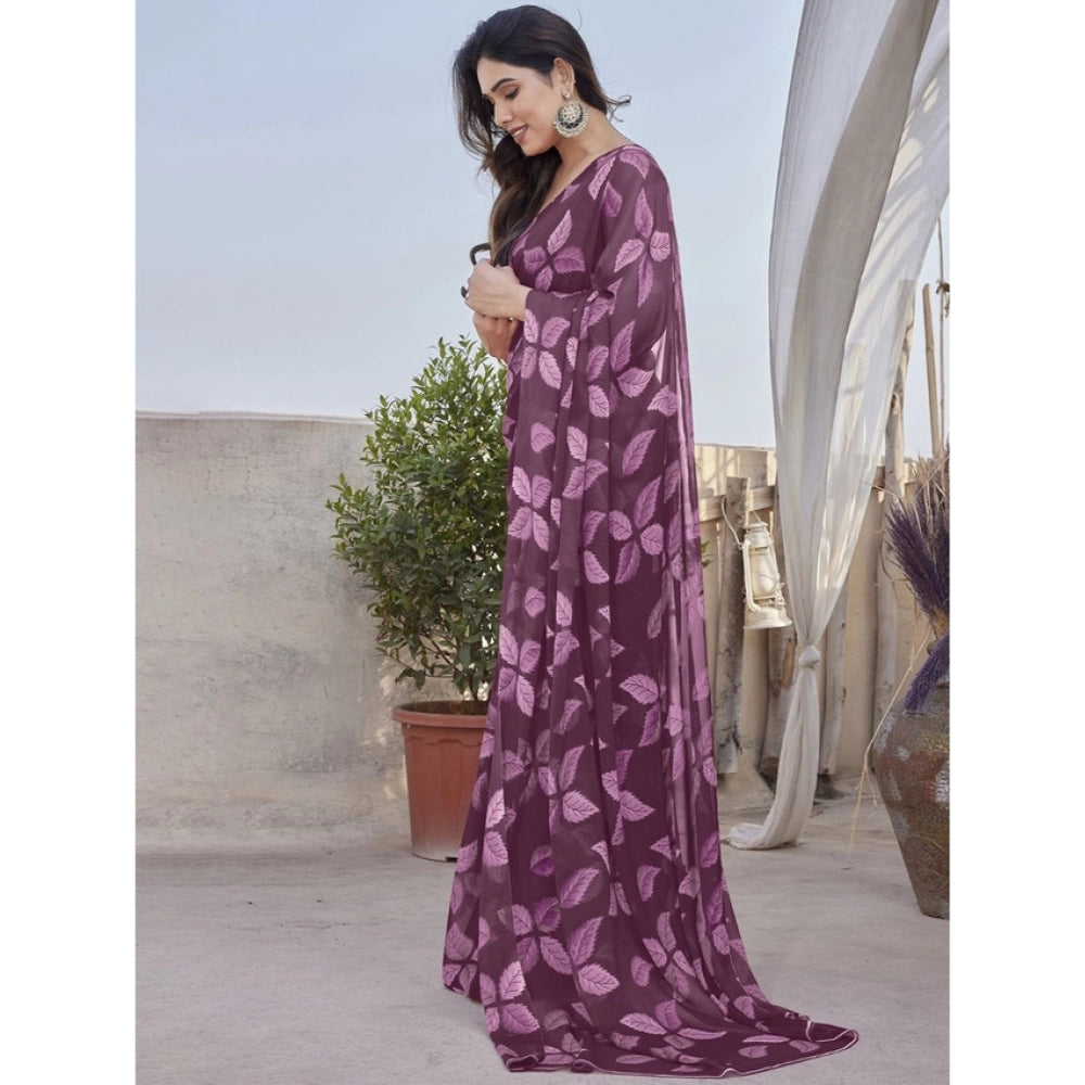 Women's Chiffon Printed Saree With Unstitched Blouse 5.5 Mtr (Purple)