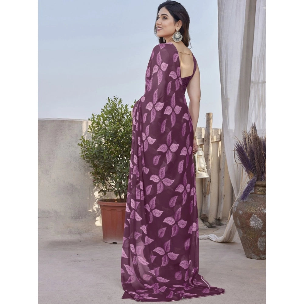 Women's Chiffon Printed Saree With Unstitched Blouse 5.5 Mtr (Purple)