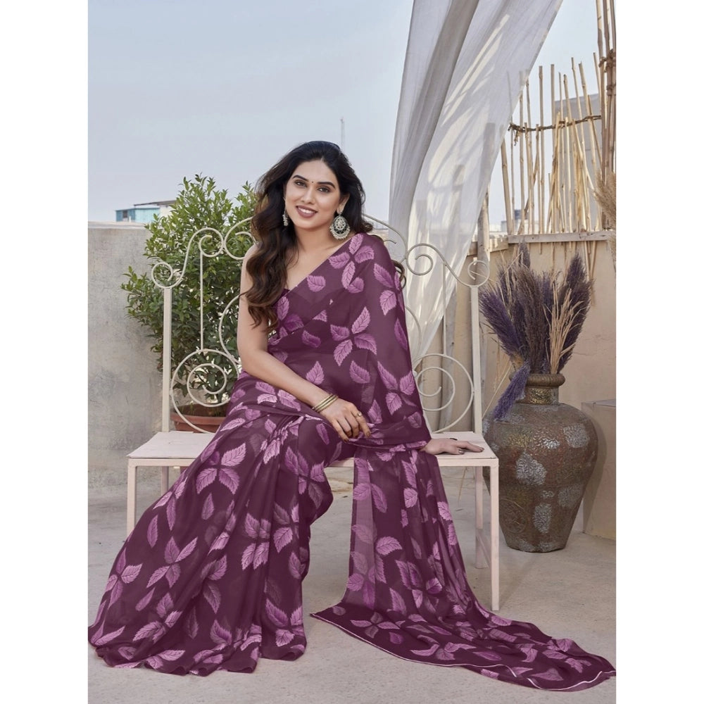 Women's Chiffon Printed Saree With Unstitched Blouse 5.5 Mtr (Purple)
