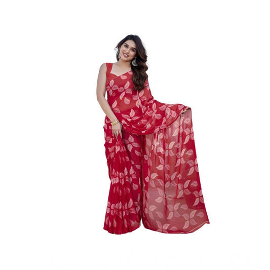 Women's Chiffon Printed Saree With Unstitched Blouse 5.5m (Red)