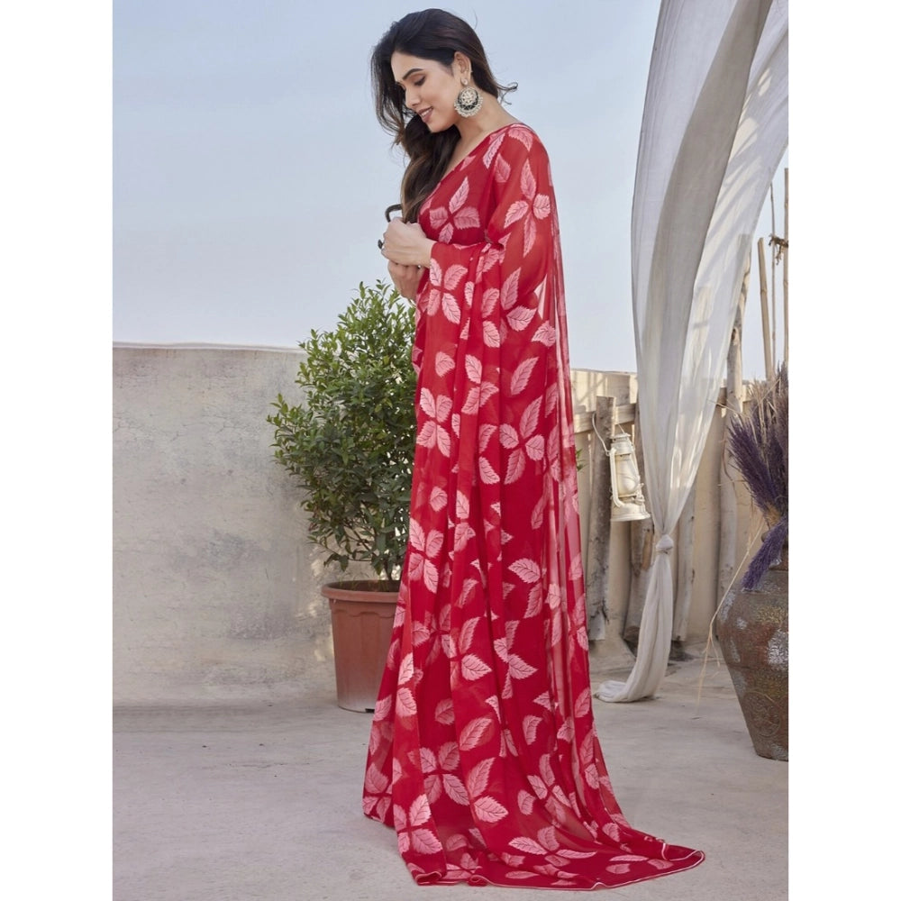 Women's Chiffon Printed Saree With Unstitched Blouse 5.5 Mtr (Red)