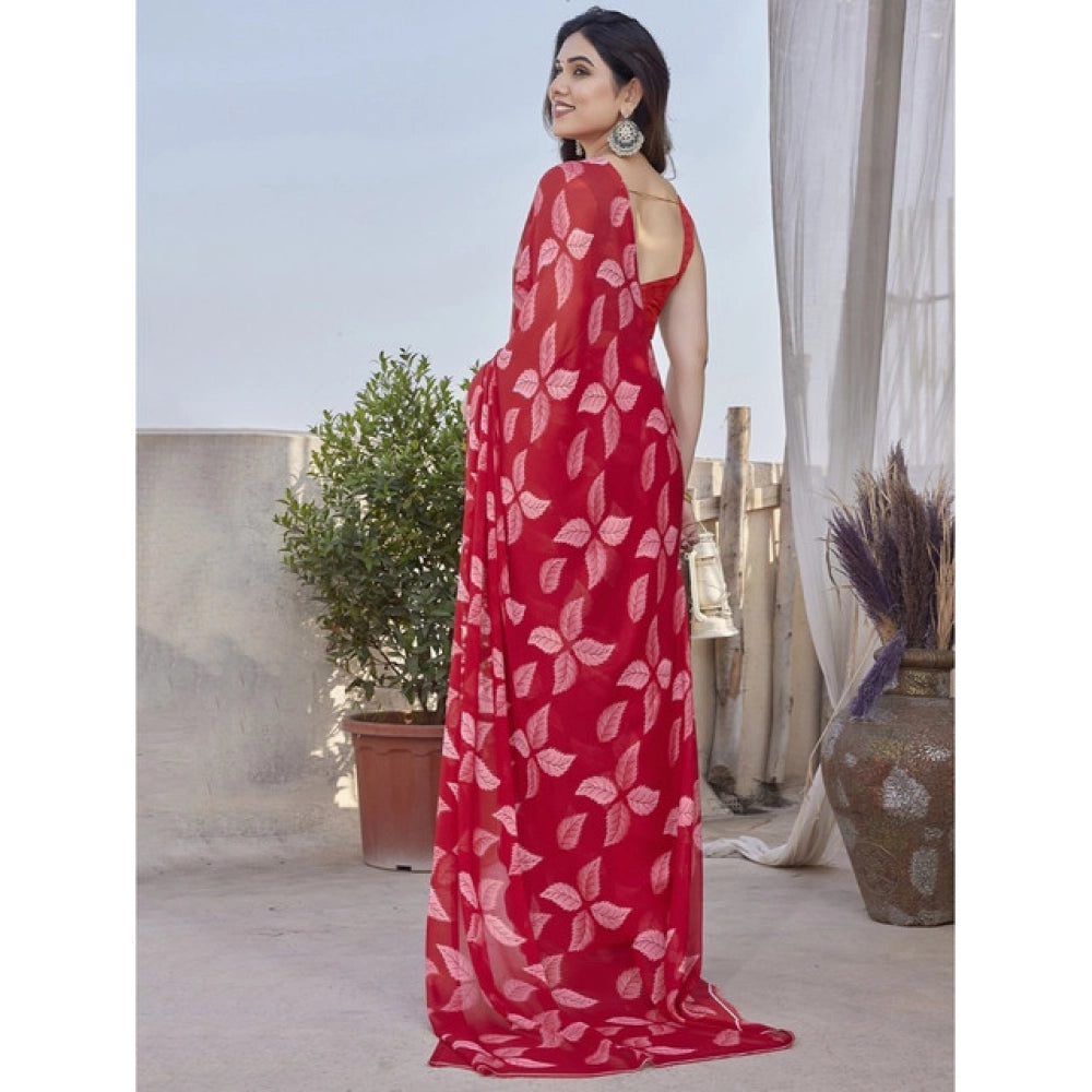 Women's Chiffon Printed Saree With Unstitched Blouse 5.5 Mtr (Red)