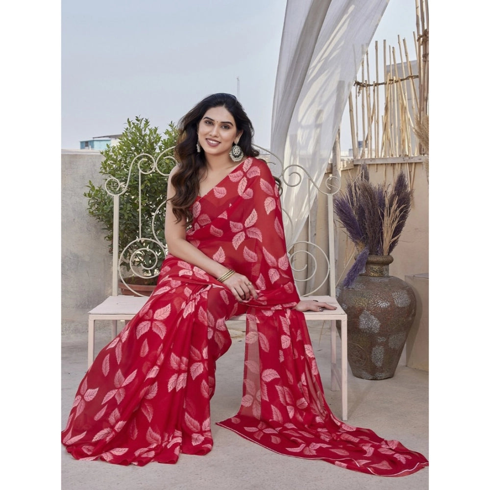 Women's Chiffon Printed Saree With Unstitched Blouse 5.5 Mtr (Red)