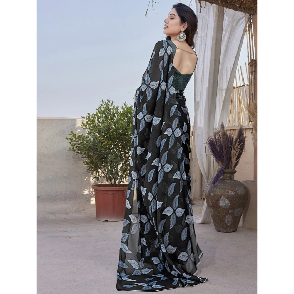 Women's Chiffon Printed Saree With Unstitched Blouse 5.5 Mtr (Black)