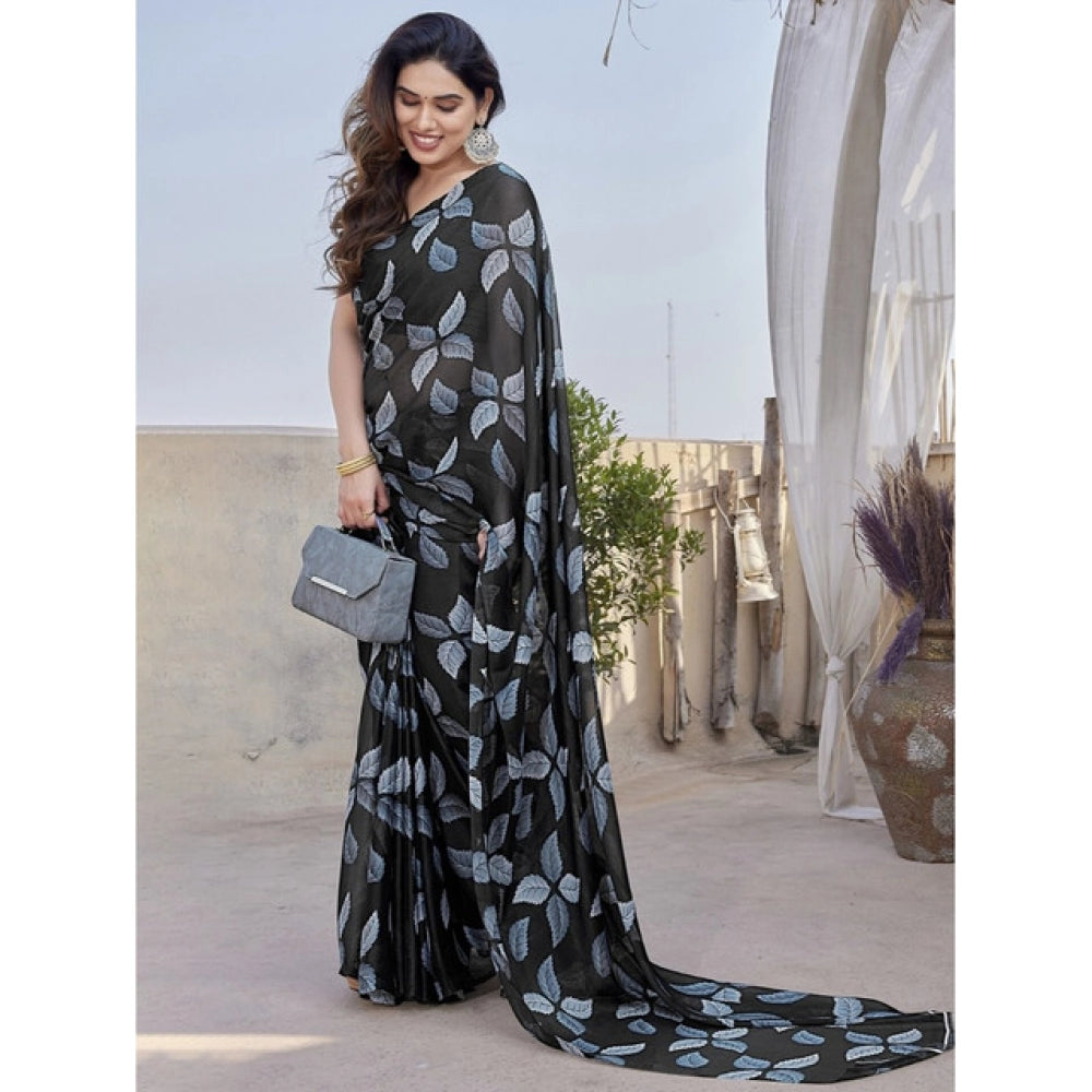 Women's Chiffon Printed Saree With Unstitched Blouse 5.5 Mtr (Black)