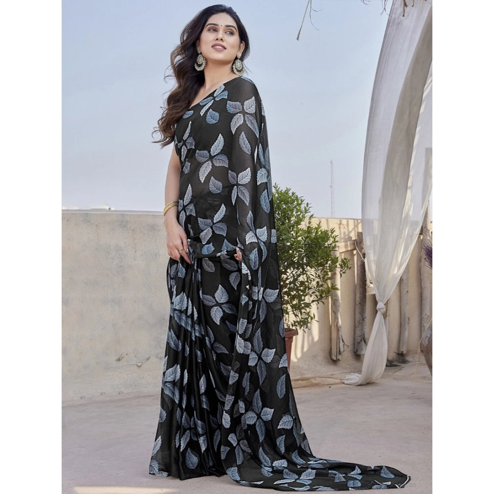 Women's Chiffon Printed Saree With Unstitched Blouse 5.5 Mtr (Black)