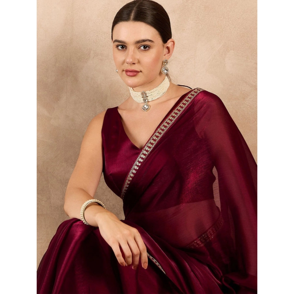 Women's Jimmy Choo solid Saree With Unstitched Blouse 5.5 Mtr (Wine )