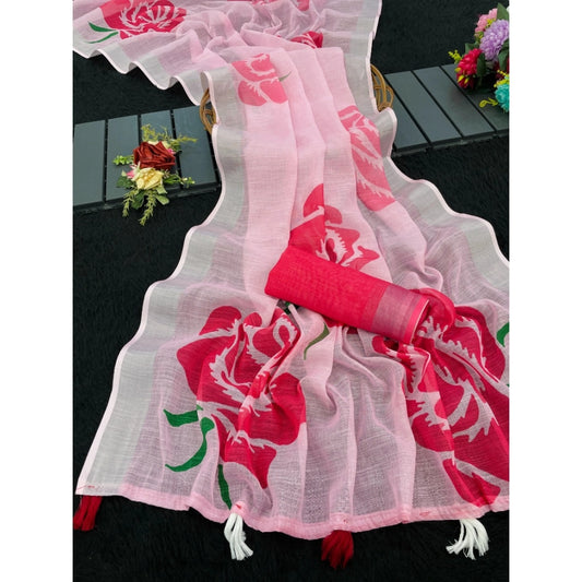 Women's Linen Cotton Printed Saree With Unstitched Blouse 5.5m (Pink)