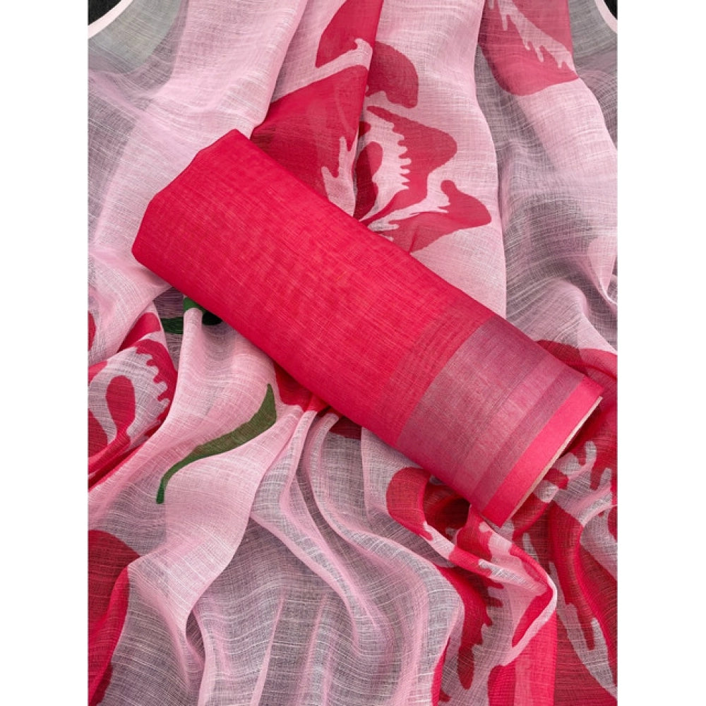 Women's Linen Cotton Printed Saree With Unstitched Blouse 5.5 Mtr (Pink)