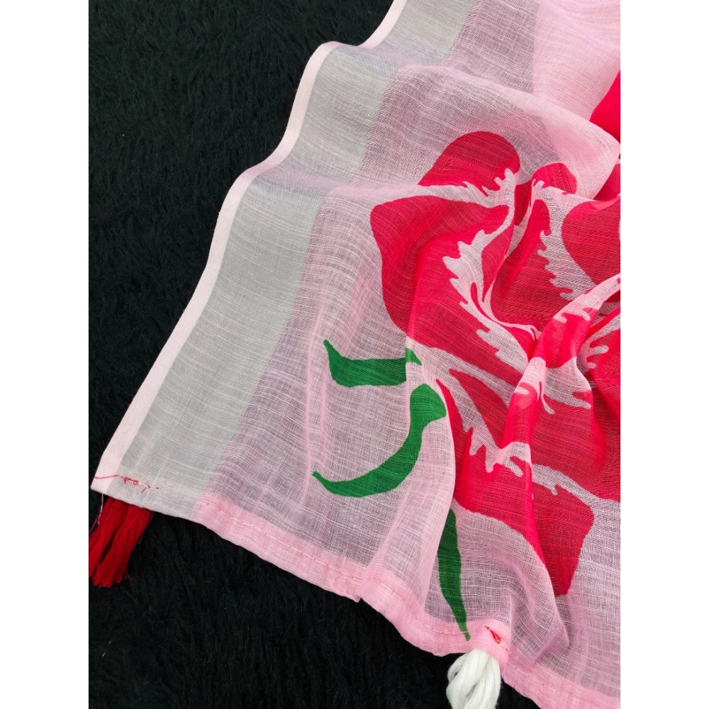 Women's Linen Cotton Printed Saree With Unstitched Blouse 5.5 Mtr (Pink)