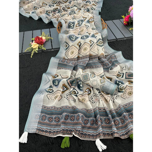 Women's Linen Cotton Printed Saree With Unstitched Blouse 5.5m (Grey)