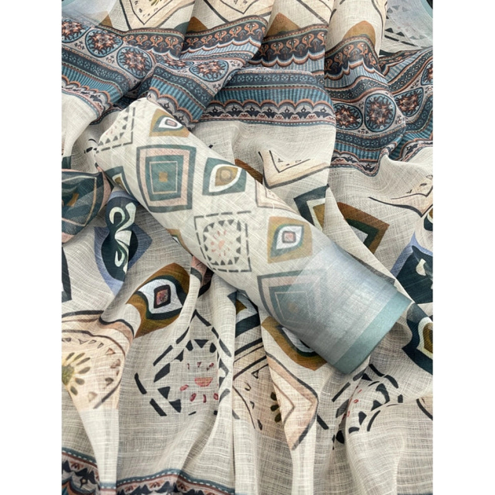 Women's Linen Cotton Printed Saree With Unstitched Blouse 5.5 Mtr (Grey)