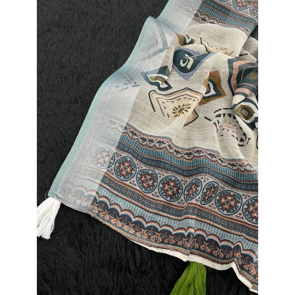 Women's Linen Cotton Printed Saree With Unstitched Blouse 5.5 Mtr (Grey)