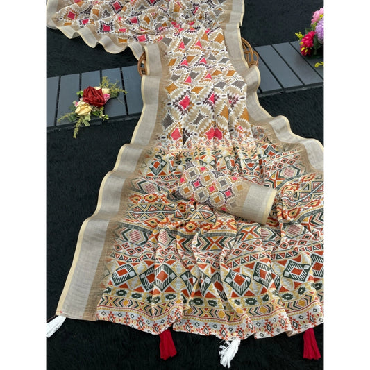Women's Linen Cotton Printed Saree With Unstitched Blouse 5.5m (Cream)