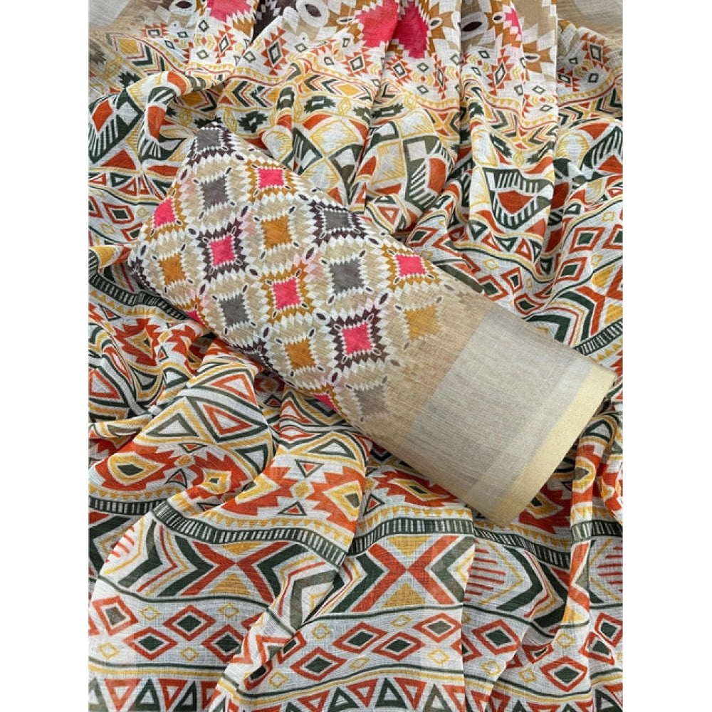 Women's Linen Cotton Printed Saree With Unstitched Blouse 5.5 Mtr (Cream)