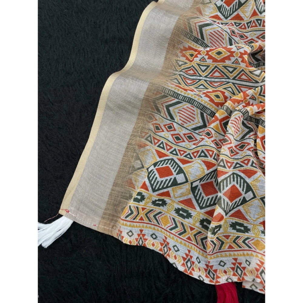 Women's Linen Cotton Printed Saree With Unstitched Blouse 5.5 Mtr (Cream)