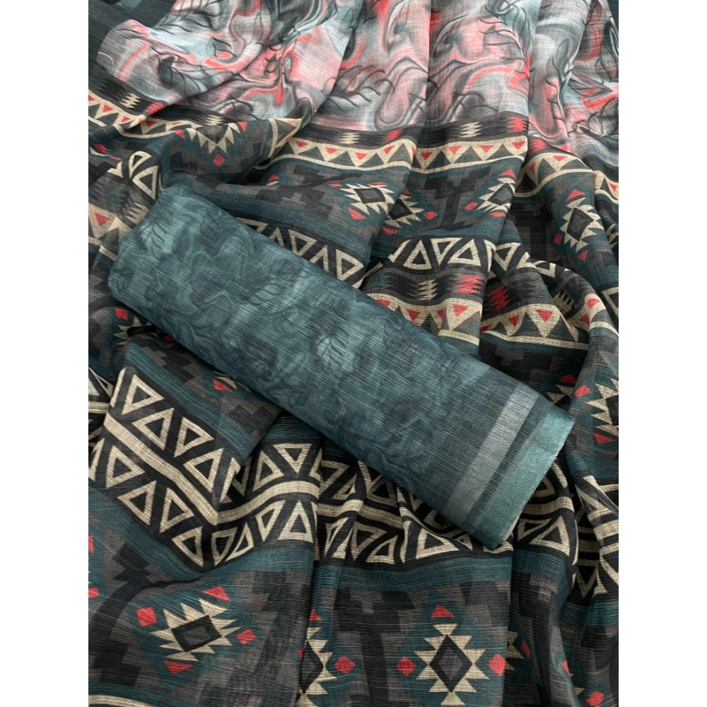 Women's Linen Cotton Printed Saree With Unstitched Blouse 5.5 Mtr (Blue)