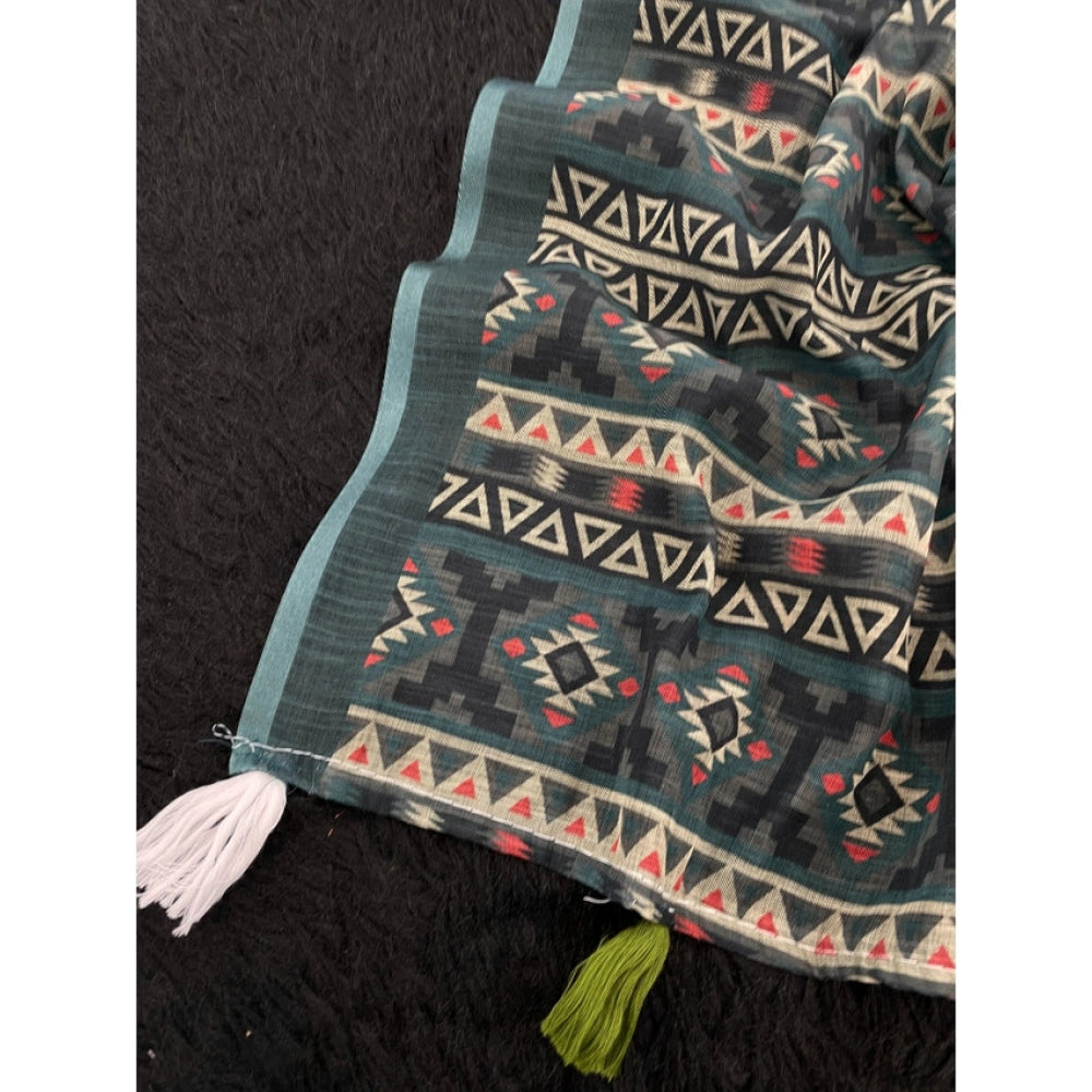Women's Linen Cotton Printed Saree With Unstitched Blouse 5.5 Mtr (Blue)
