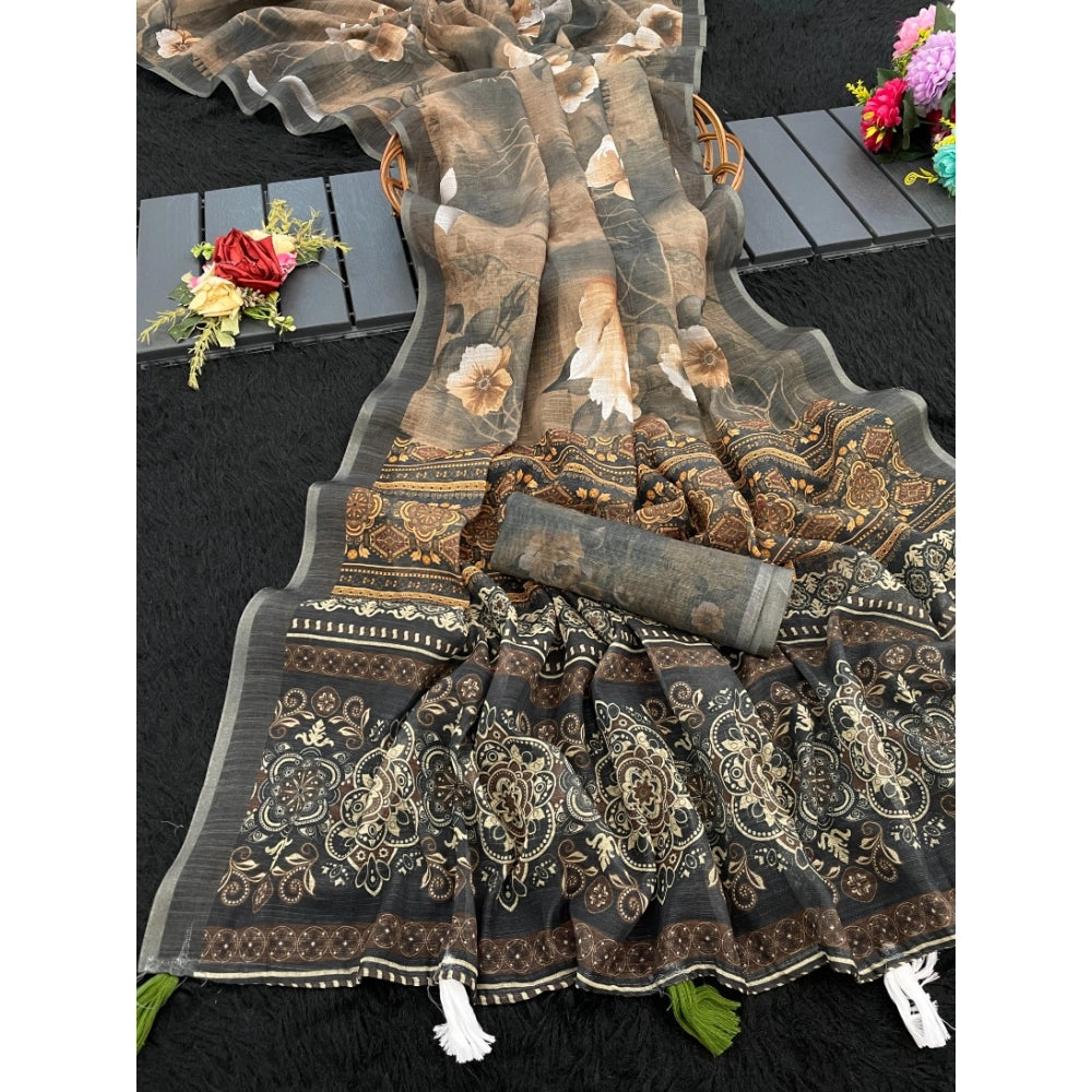 Women's Linen Cotton Printed Saree With Unstitched Blouse 5.5 Mtr (Beige)