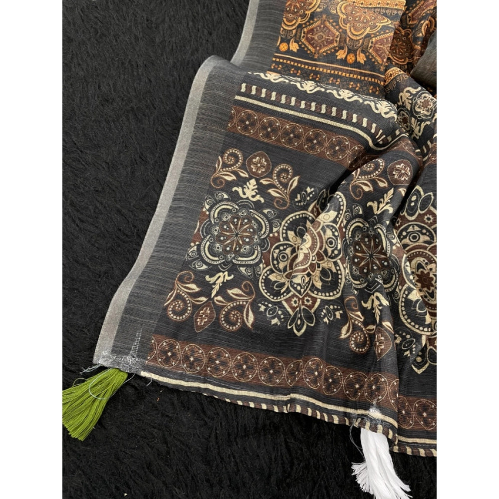 Women's Linen Cotton Printed Saree With Unstitched Blouse 5.5 Mtr (Beige)