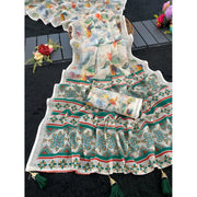 Women's Linen Cotton Printed Saree With Unstitched Blouse 5.5 Mtr (Green)