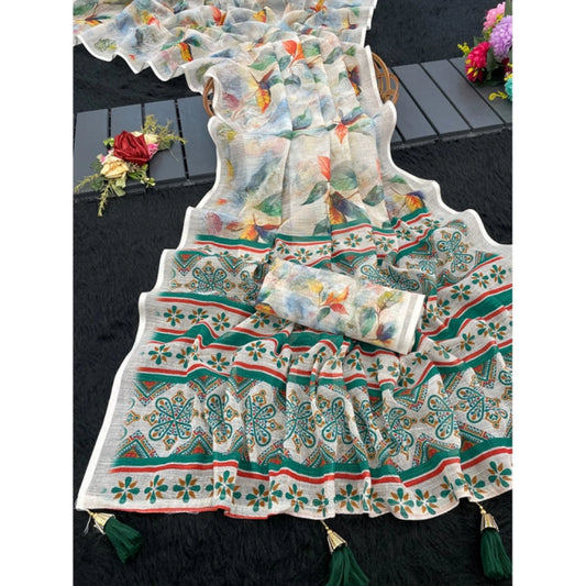 Women's Linen Cotton Printed Saree With Unstitched Blouse 5.5m (Green)