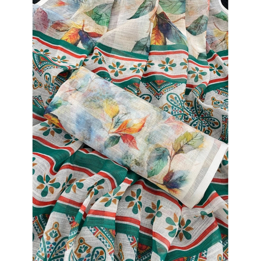Women's Linen Cotton Printed Saree With Unstitched Blouse 5.5 Mtr (Green)