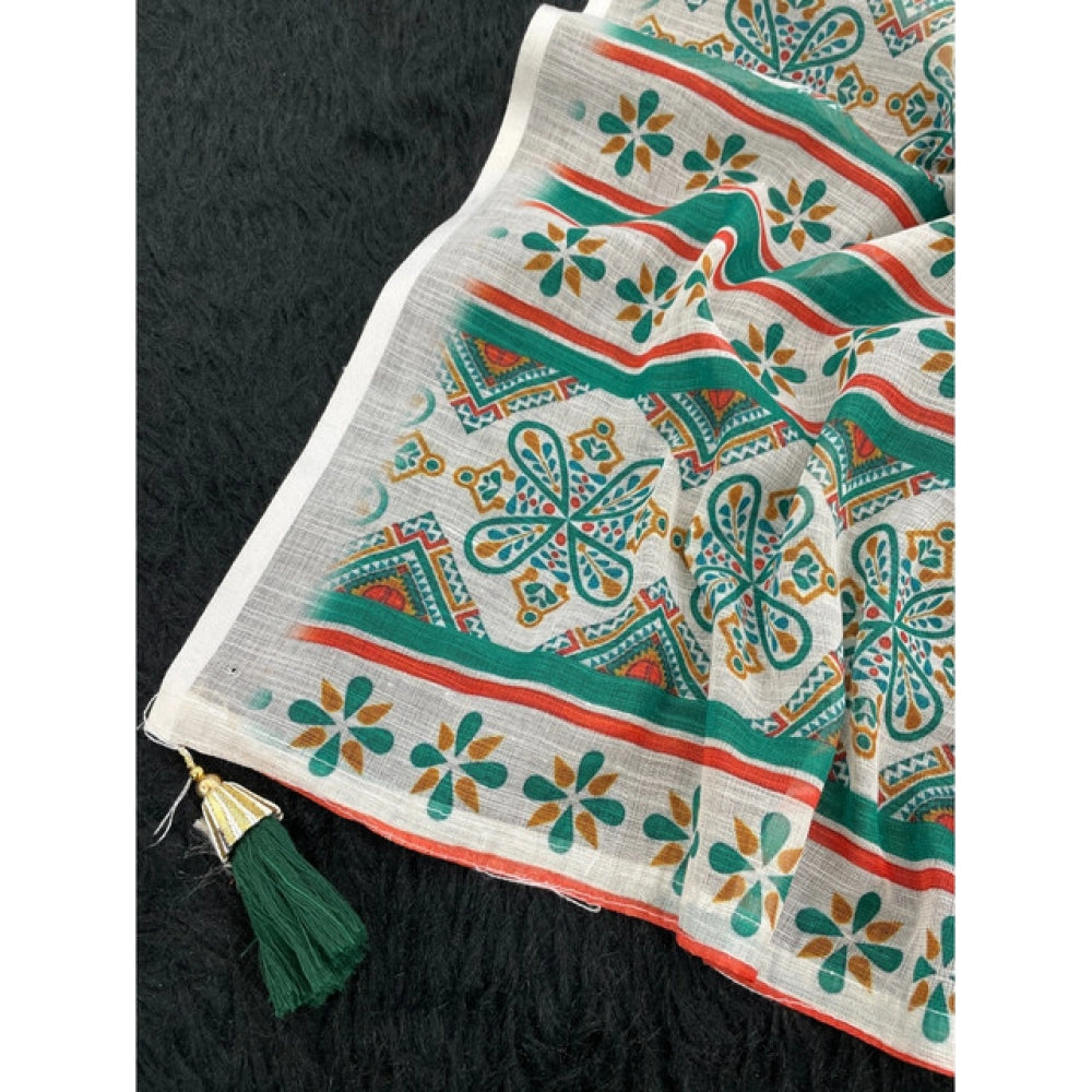 Women's Linen Cotton Printed Saree With Unstitched Blouse 5.5 Mtr (Green)