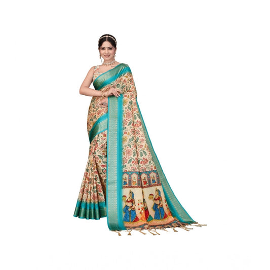 Women's Cotton Silk Printed Saree With Unstitched Blouse 5.5m (Sky Blue)