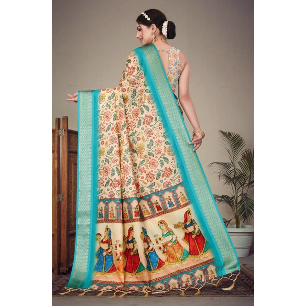 Women's Cotton Silk Printed Saree With Unstitched Blouse 5.5 Mtr (Sky Blue)