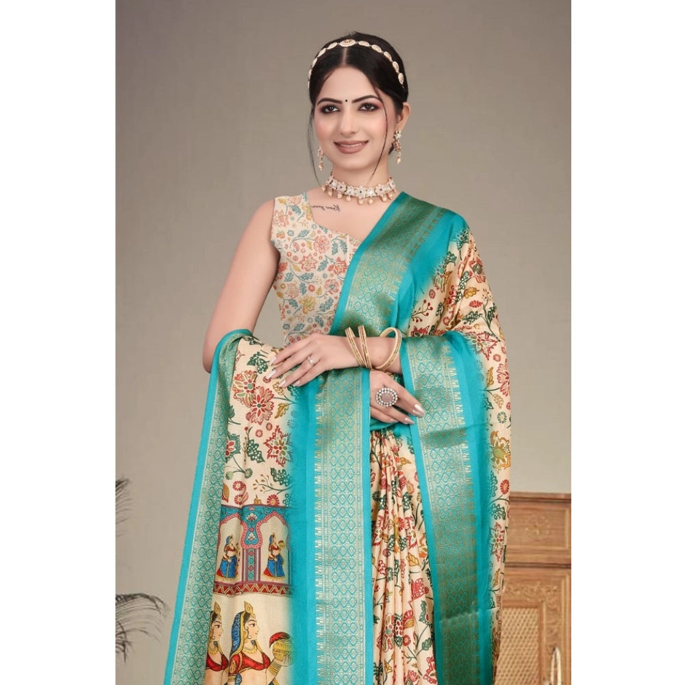 Women's Cotton Silk Printed Saree With Unstitched Blouse 5.5 Mtr (Sky Blue)