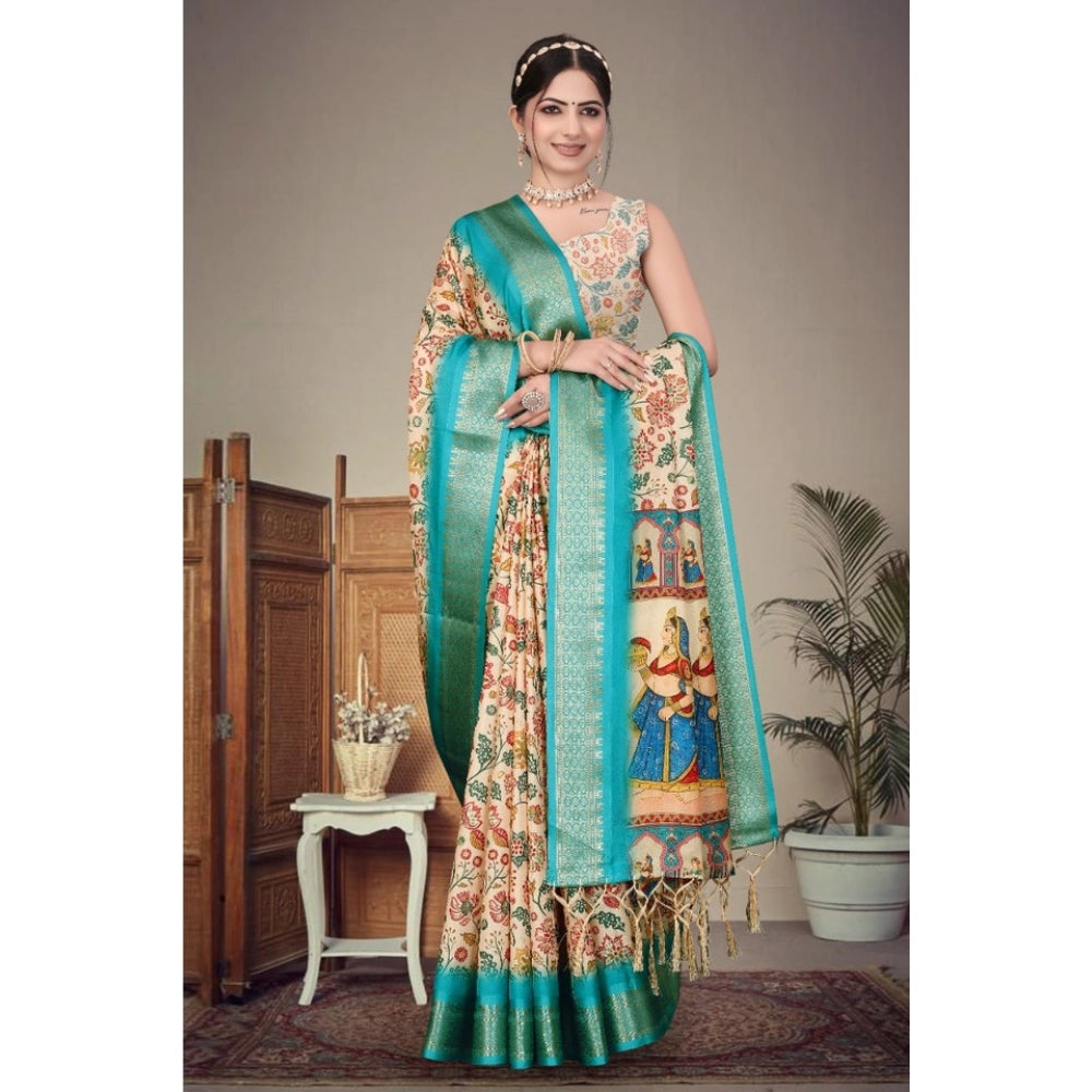 Women's Cotton Silk Printed Saree With Unstitched Blouse 5.5 Mtr (Sky Blue)