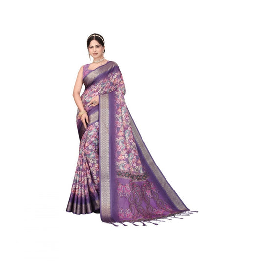 Women's Cotton Silk Printed Saree With Unstitched Blouse 5.5m (Purple)