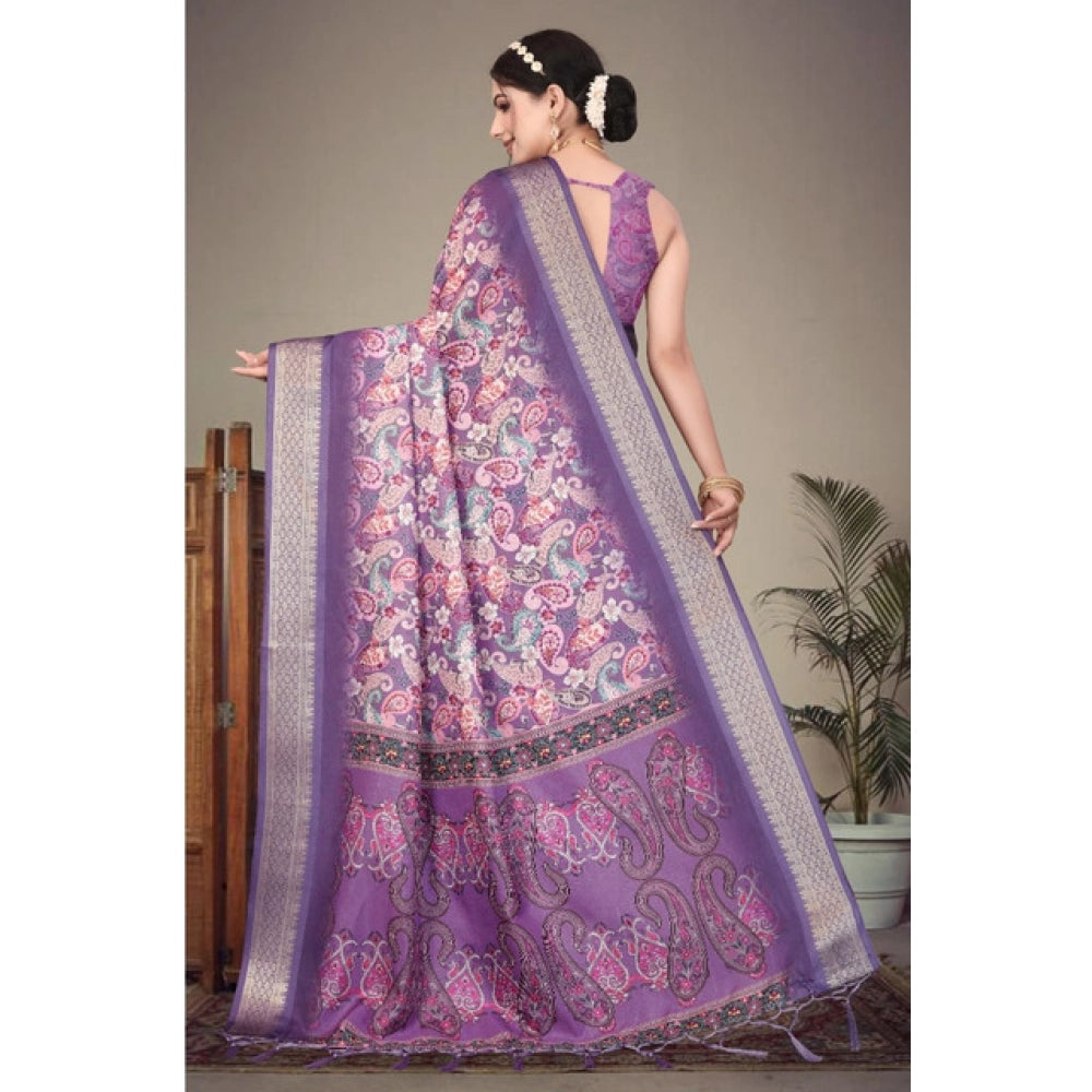 Women's Cotton Silk Printed Saree With Unstitched Blouse 5.5 Mtr (Purple)