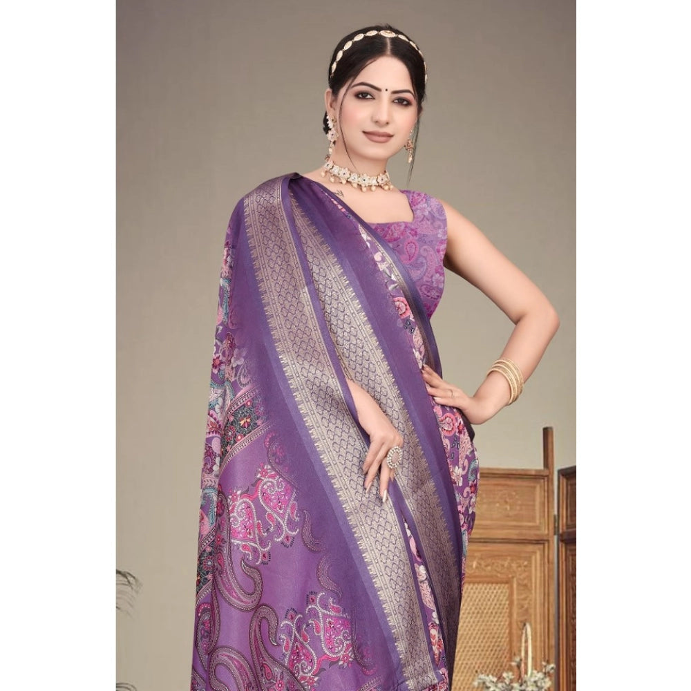 Women's Cotton Silk Printed Saree With Unstitched Blouse 5.5 Mtr (Purple)