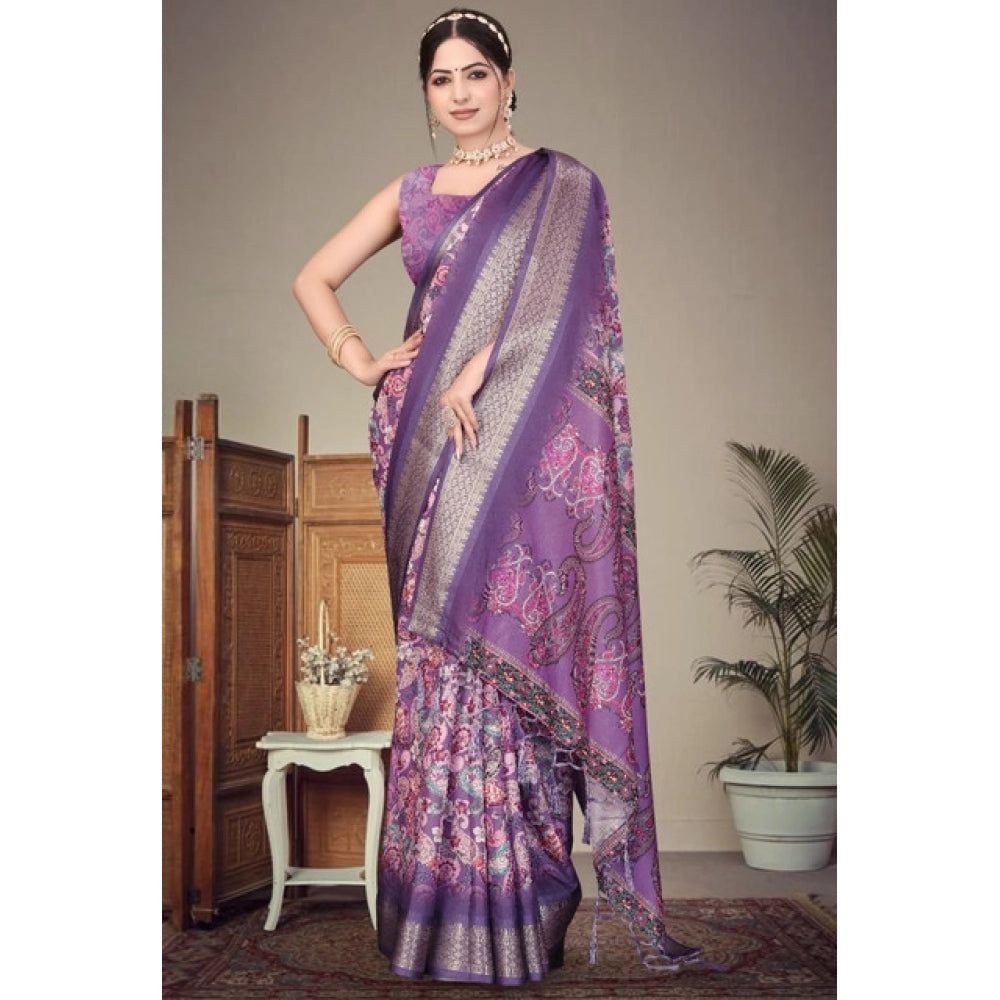 Women's Cotton Silk Printed Saree With Unstitched Blouse 5.5 Mtr (Purple)