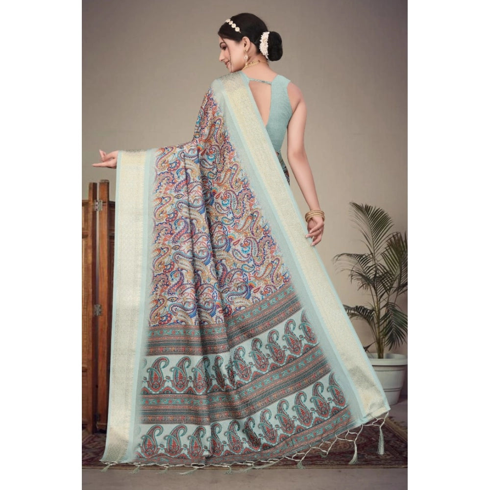 Women's Cotton Silk Printed Saree With Unstitched Blouse 5.5 Mtr (Multicolor)