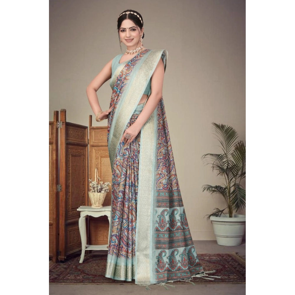 Women's Cotton Silk Printed Saree With Unstitched Blouse 5.5 Mtr (Multicolor)