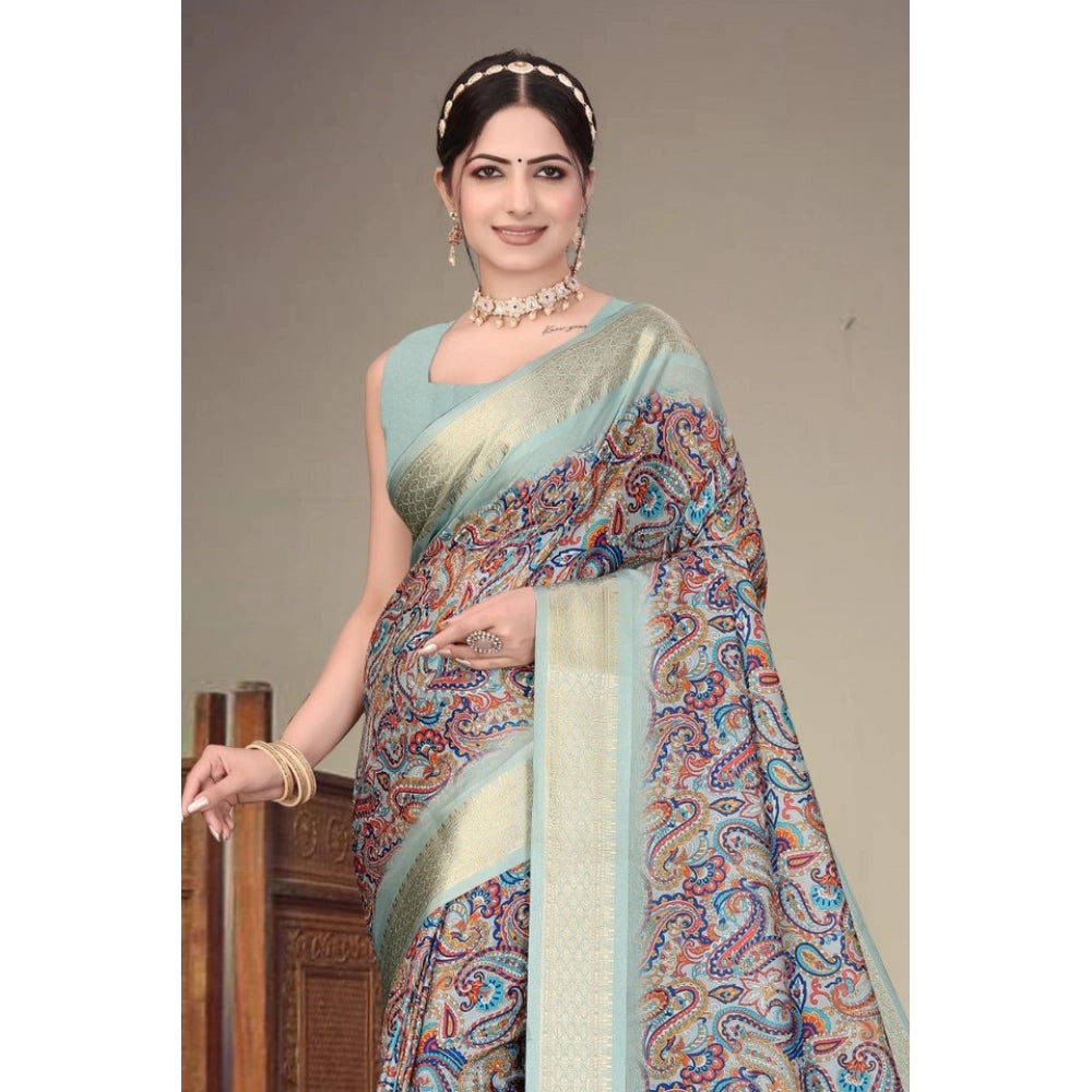 Women's Cotton Silk Printed Saree With Unstitched Blouse 5.5 Mtr (Multicolor)