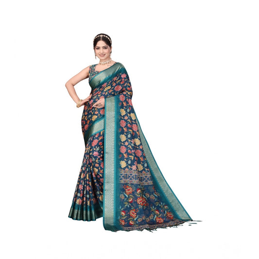 Women's Cotton Silk Printed Saree With Unstitched Blouse 5.5m (Blue)